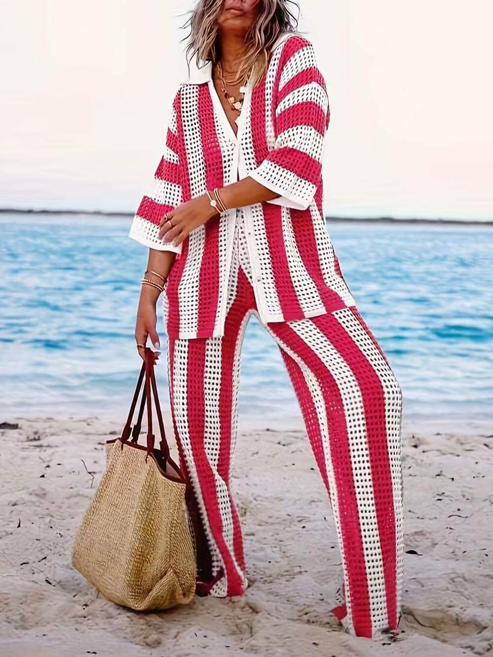 Chic Relaxed-Fit V-Neck Hollow-Out Striped Shirt and Wide-Leg Pants Set