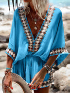 Boho-Chic Beach Print Kimono Romper