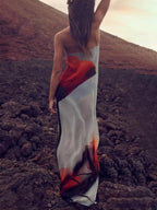 Abstract Tulip-Print Slip Maxi Dress with H-Line Silhouette - Vacation-Ready