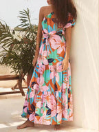 Off-Shoulder Palm Leaf Print Floral Dress – Holiday-Ready Summer Style