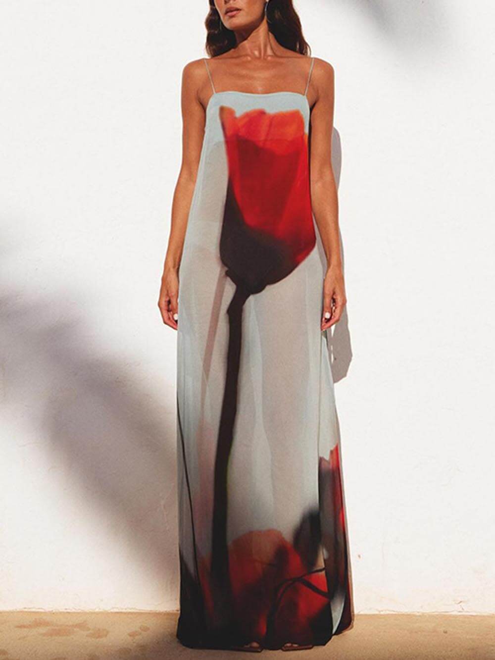 Abstract Tulip-Print Slip Maxi Dress with H-Line Silhouette - Vacation-Ready