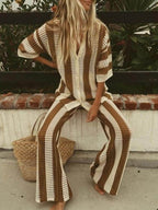 Chic Relaxed-Fit V-Neck Hollow-Out Striped Shirt and Wide-Leg Pants Set