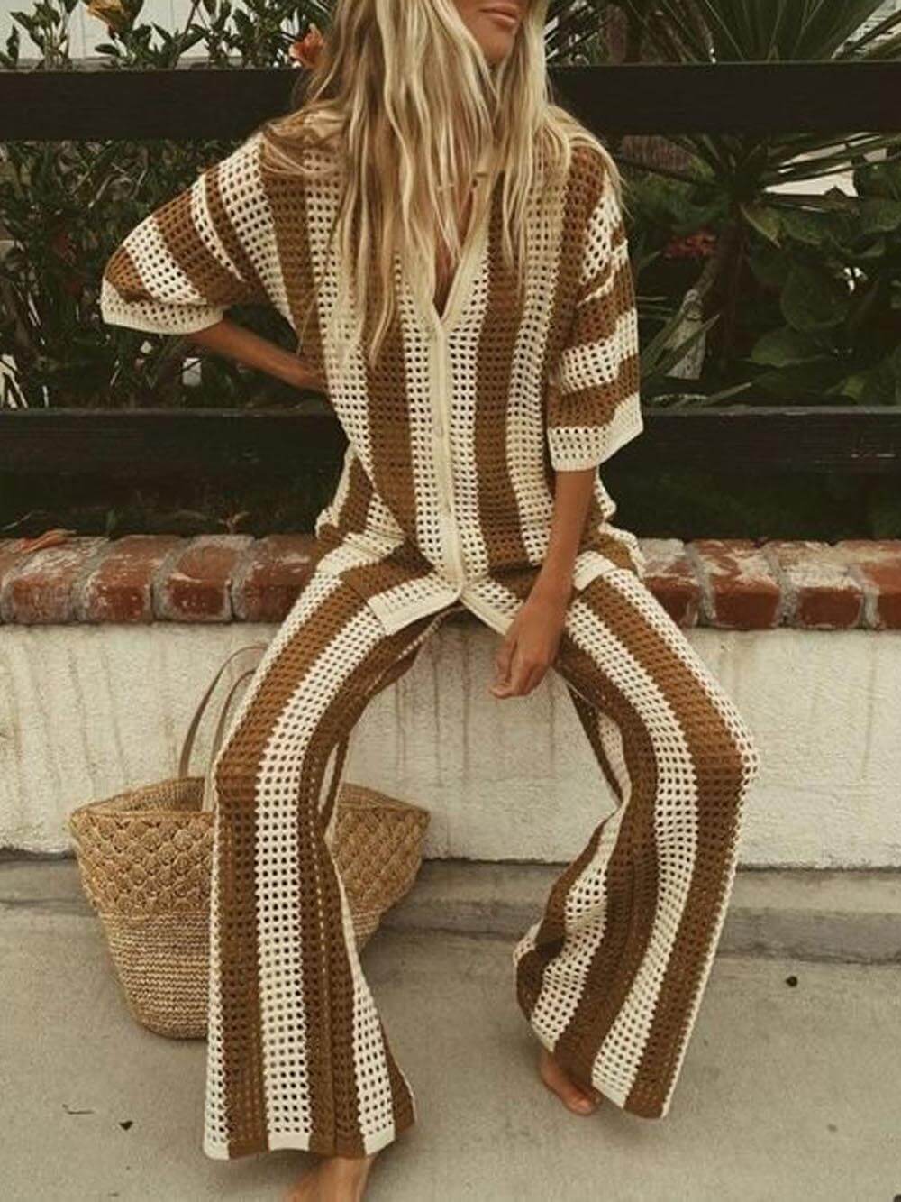 Chic Relaxed-Fit V-Neck Hollow-Out Striped Shirt and Wide-Leg Pants Set