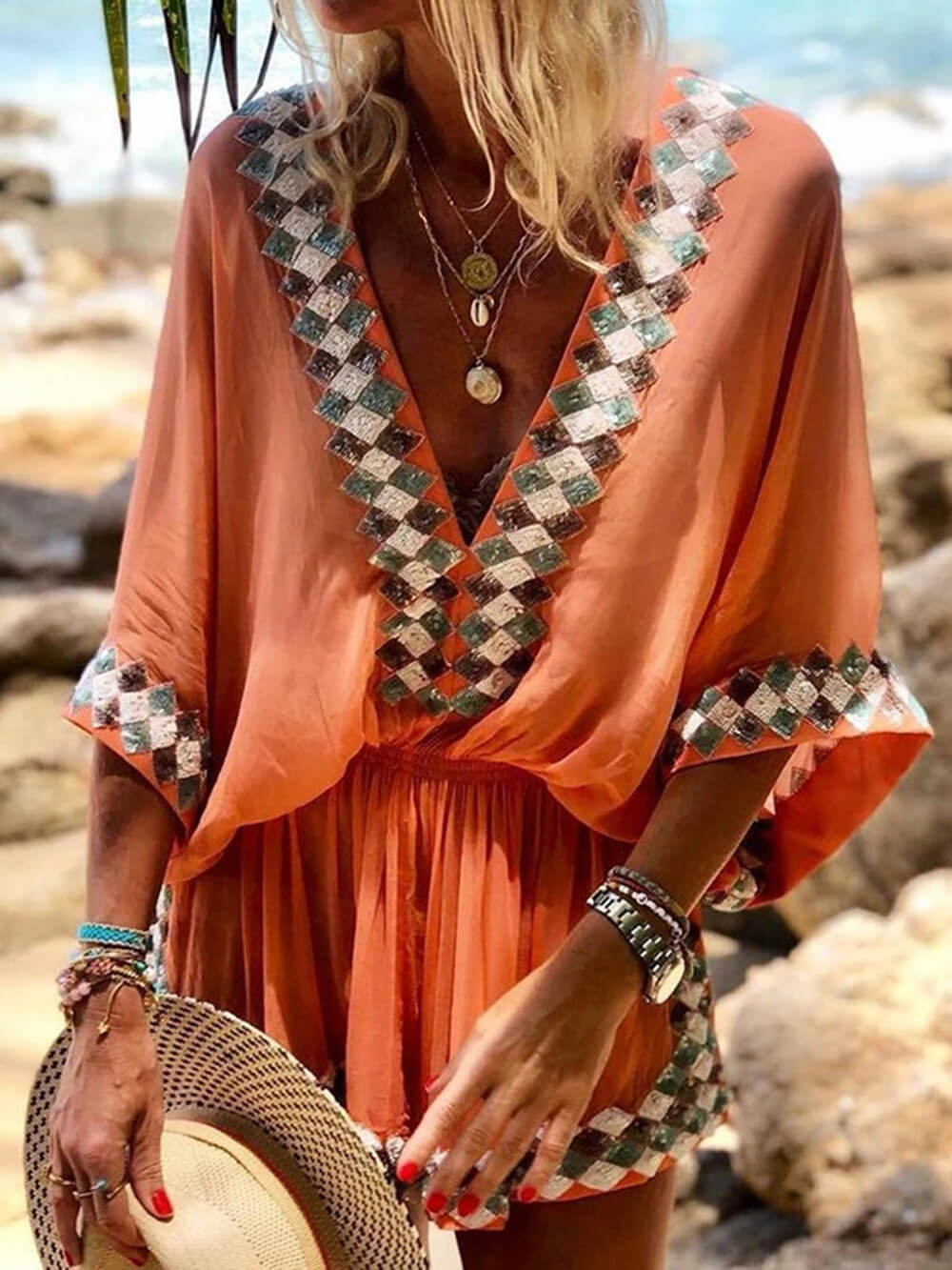 Boho-Chic Beach Print Kimono Romper