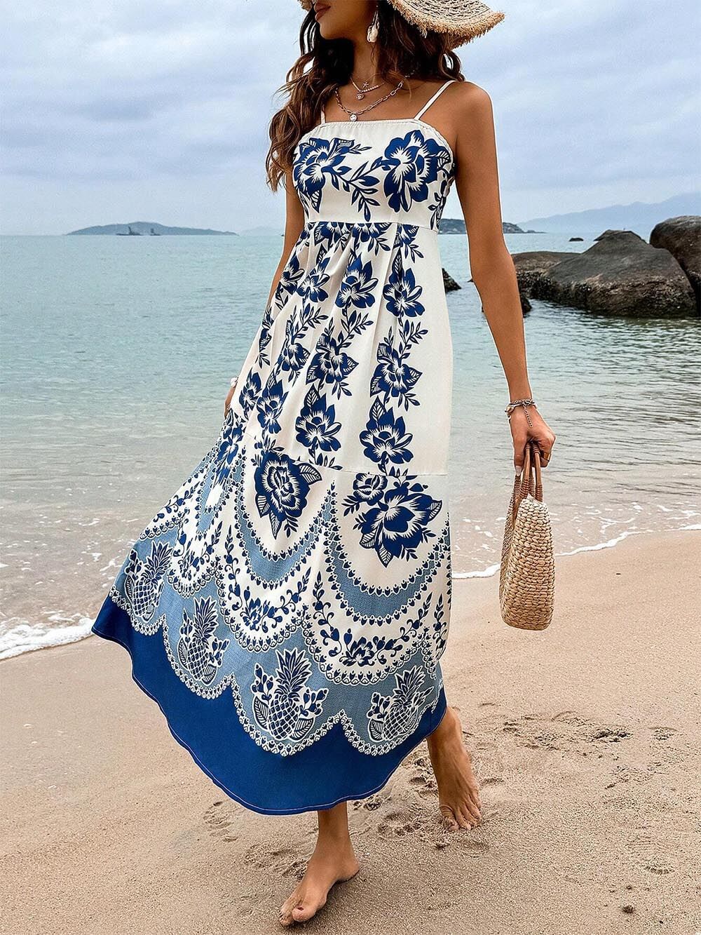 Bohemian Floral Print Smocked-Back Midi Dress - Loose Fit