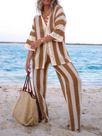 Chic Relaxed-Fit V-Neck Hollow-Out Striped Shirt and Wide-Leg Pants Set