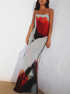 Abstract Tulip-Print Slip Maxi Dress with H-Line Silhouette - Vacation-Ready
