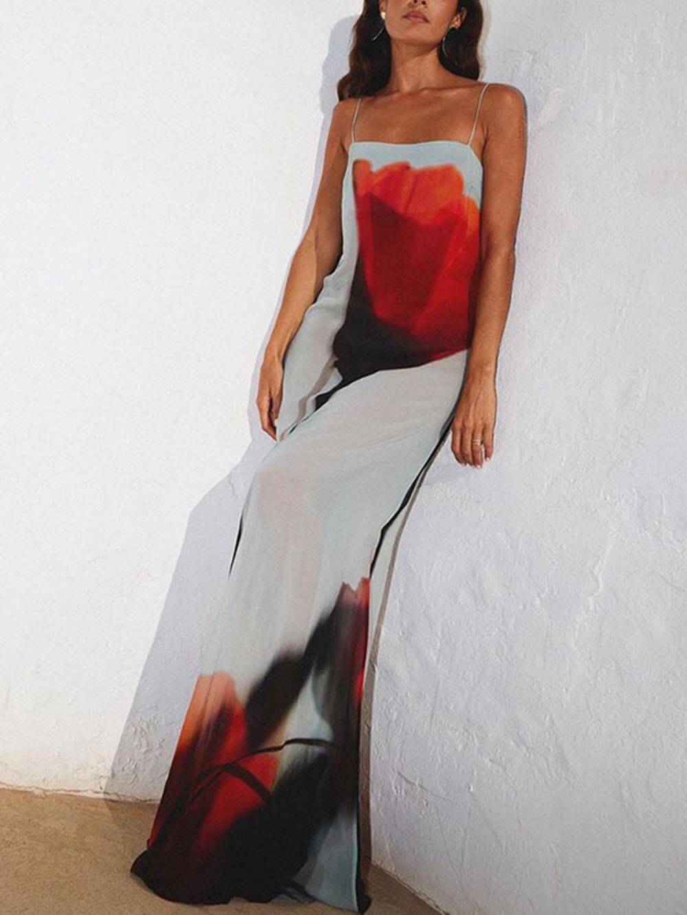 Abstract Tulip-Print Slip Maxi Dress with H-Line Silhouette - Vacation-Ready