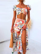 Summer Wrap Skirt with Printed Top - Two-Piece Set