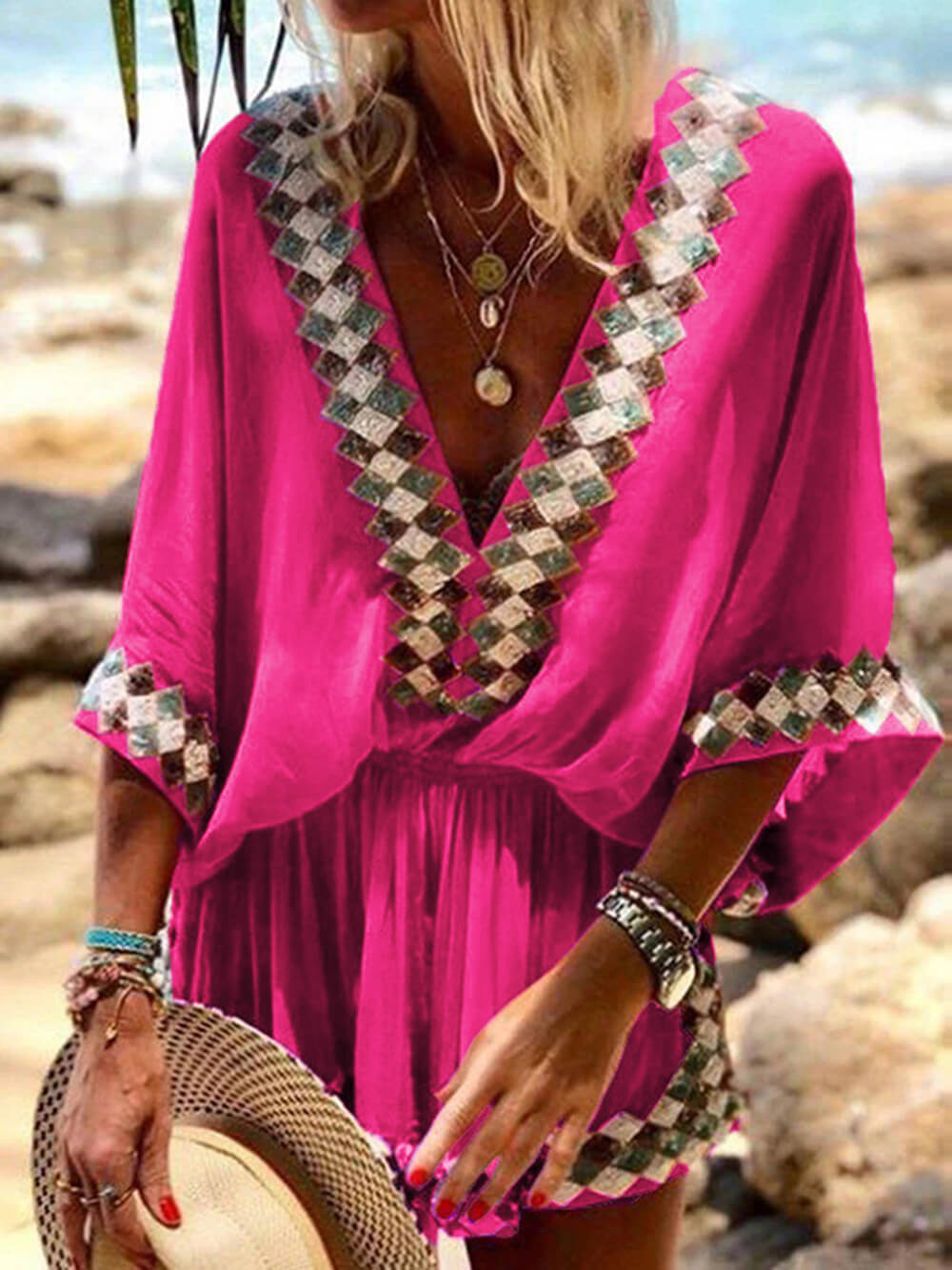 Boho-Chic Beach Print Kimono Romper