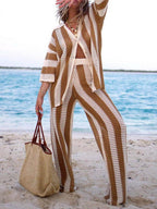 Chic Relaxed-Fit V-Neck Hollow-Out Striped Shirt and Wide-Leg Pants Set