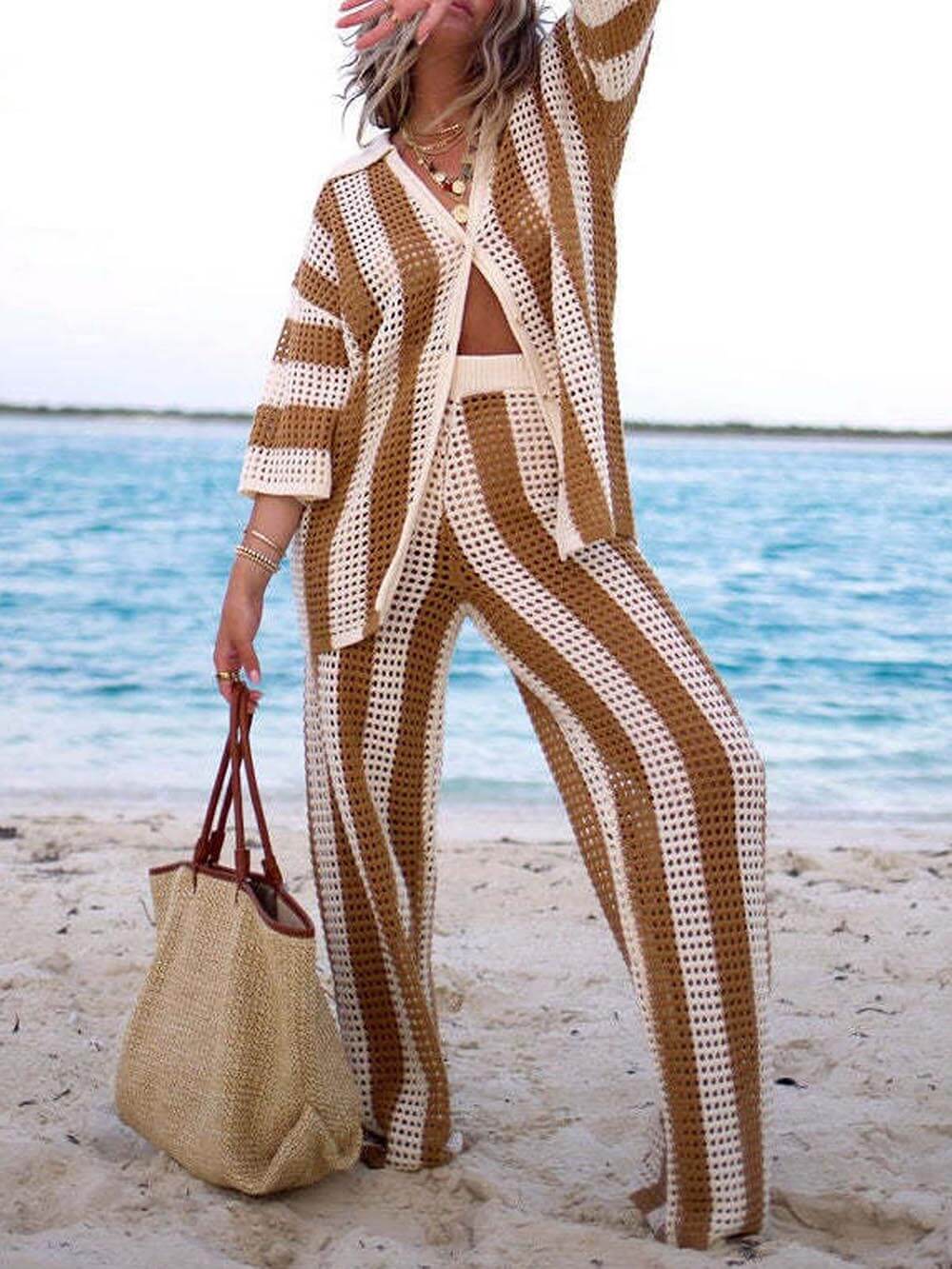 Chic Relaxed-Fit V-Neck Hollow-Out Striped Shirt and Wide-Leg Pants Set