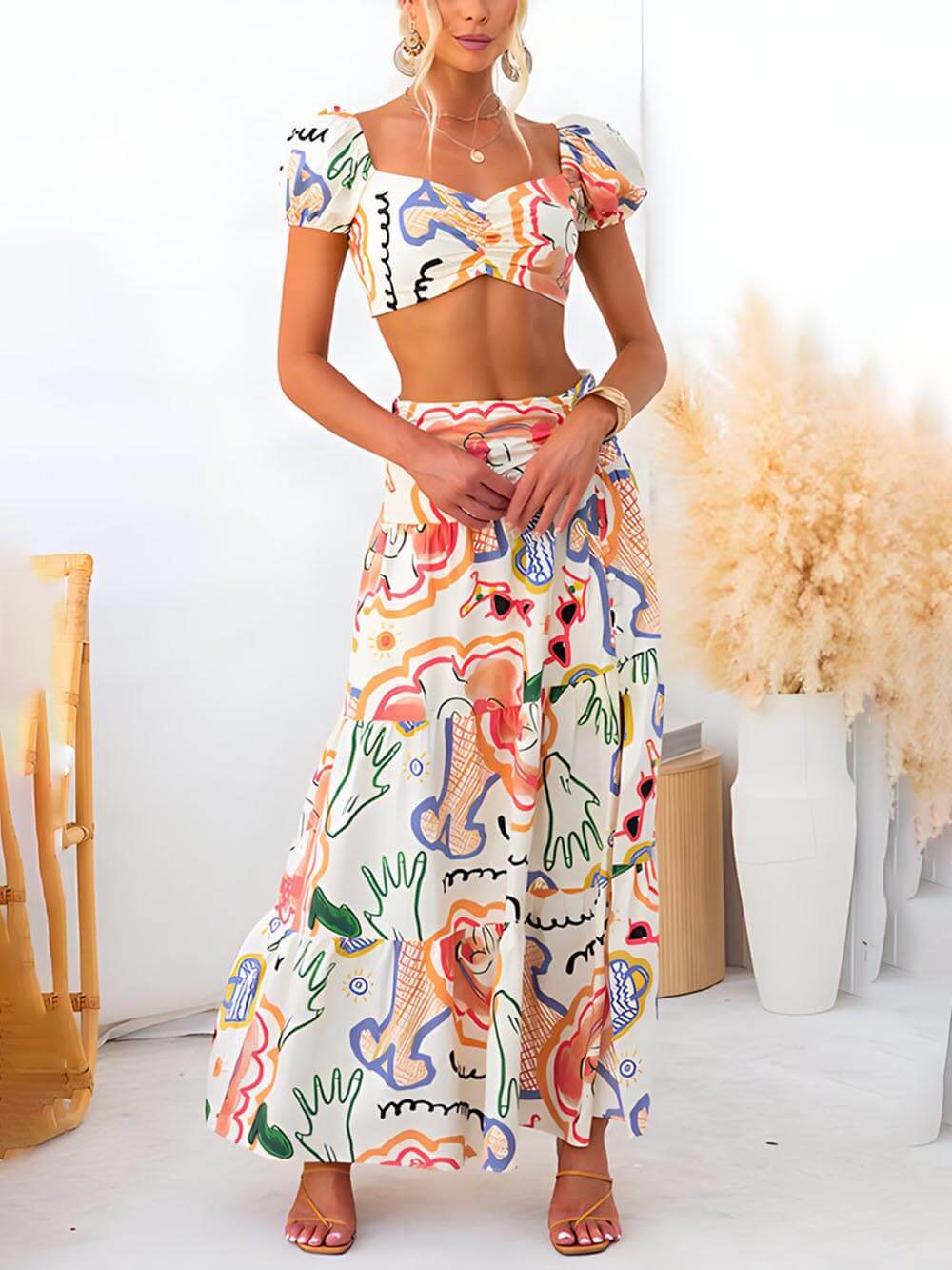 Summer Wrap Skirt with Printed Top - Two-Piece Set