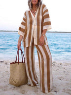 Chic Relaxed-Fit V-Neck Hollow-Out Striped Shirt and Wide-Leg Pants Set