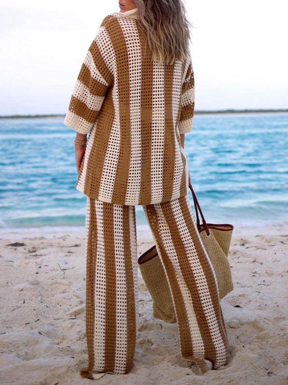 Chic Relaxed-Fit V-Neck Hollow-Out Striped Shirt and Wide-Leg Pants Set