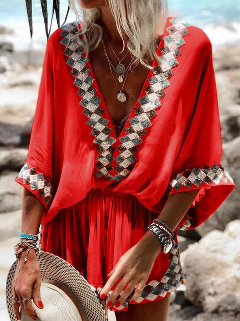 Boho-Chic Beach Print Kimono Romper