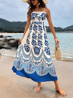 Bohemian Floral Print Smocked-Back Midi Dress - Loose Fit