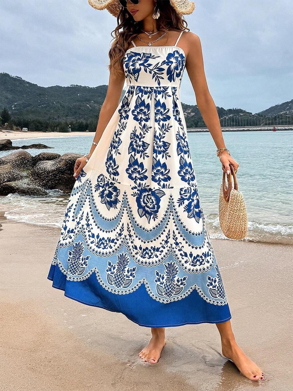 Bohemian Floral Print Smocked-Back Midi Dress - Loose Fit