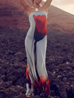 Abstract Tulip-Print Slip Maxi Dress with H-Line Silhouette - Vacation-Ready