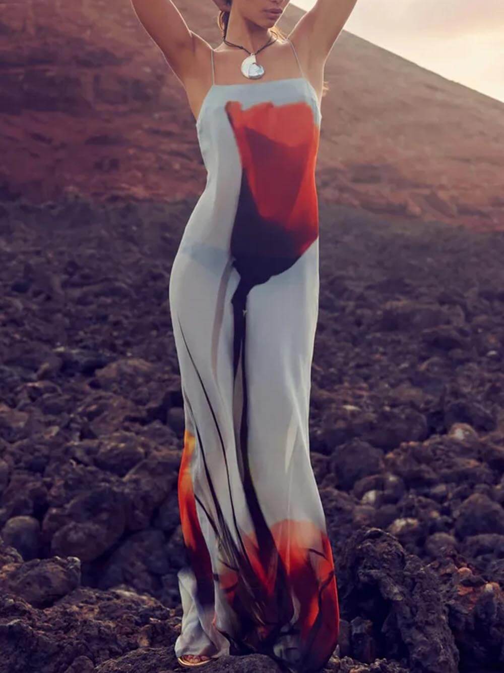 Abstract Tulip-Print Slip Maxi Dress with H-Line Silhouette - Vacation-Ready