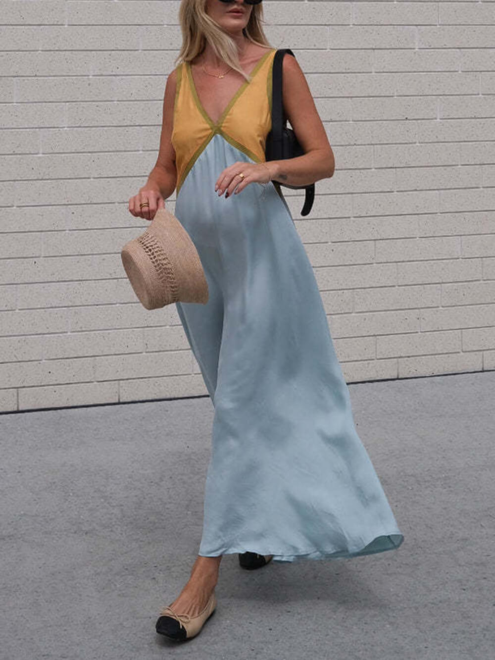 V-Neck Color-Block Chic Dress with Contrasting Panels