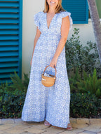 Blue Medallion Print V-Neck Flutter-Sleeve Maxi Dress