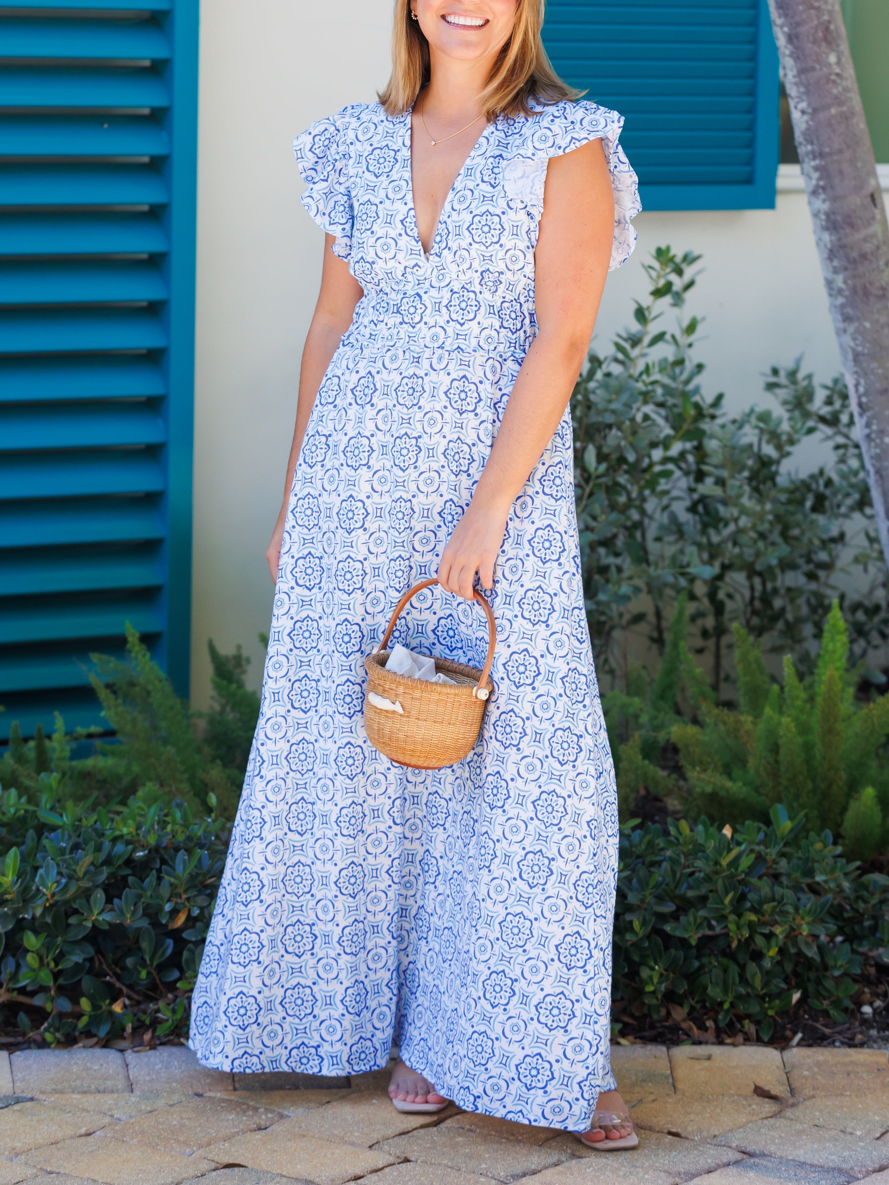 Blue Medallion Print V-Neck Flutter-Sleeve Maxi Dress