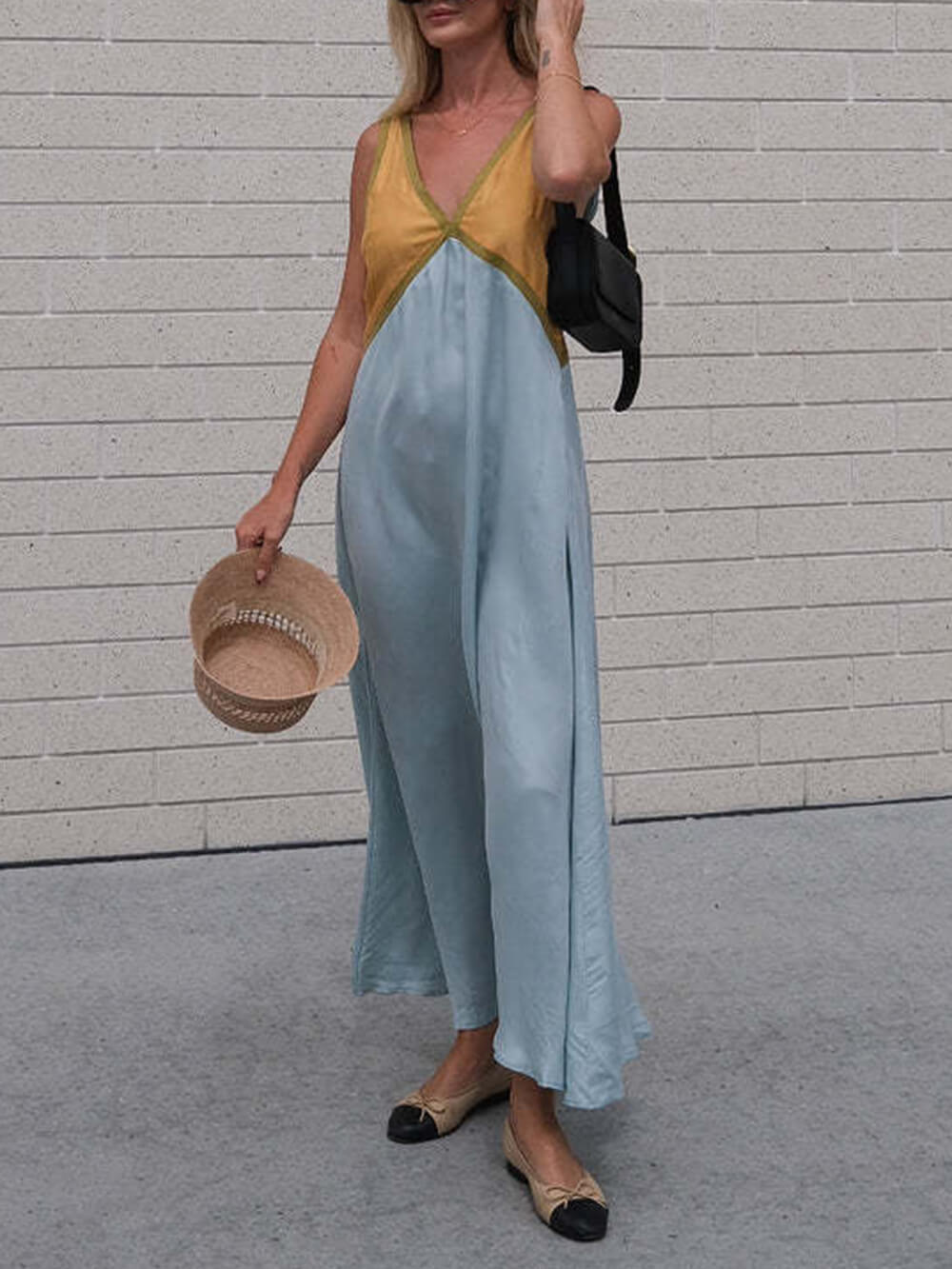 V-Neck Color-Block Chic Dress with Contrasting Panels