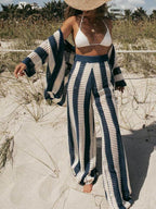 Chic Relaxed-Fit V-Neck Hollow-Out Striped Shirt and Wide-Leg Pants Set