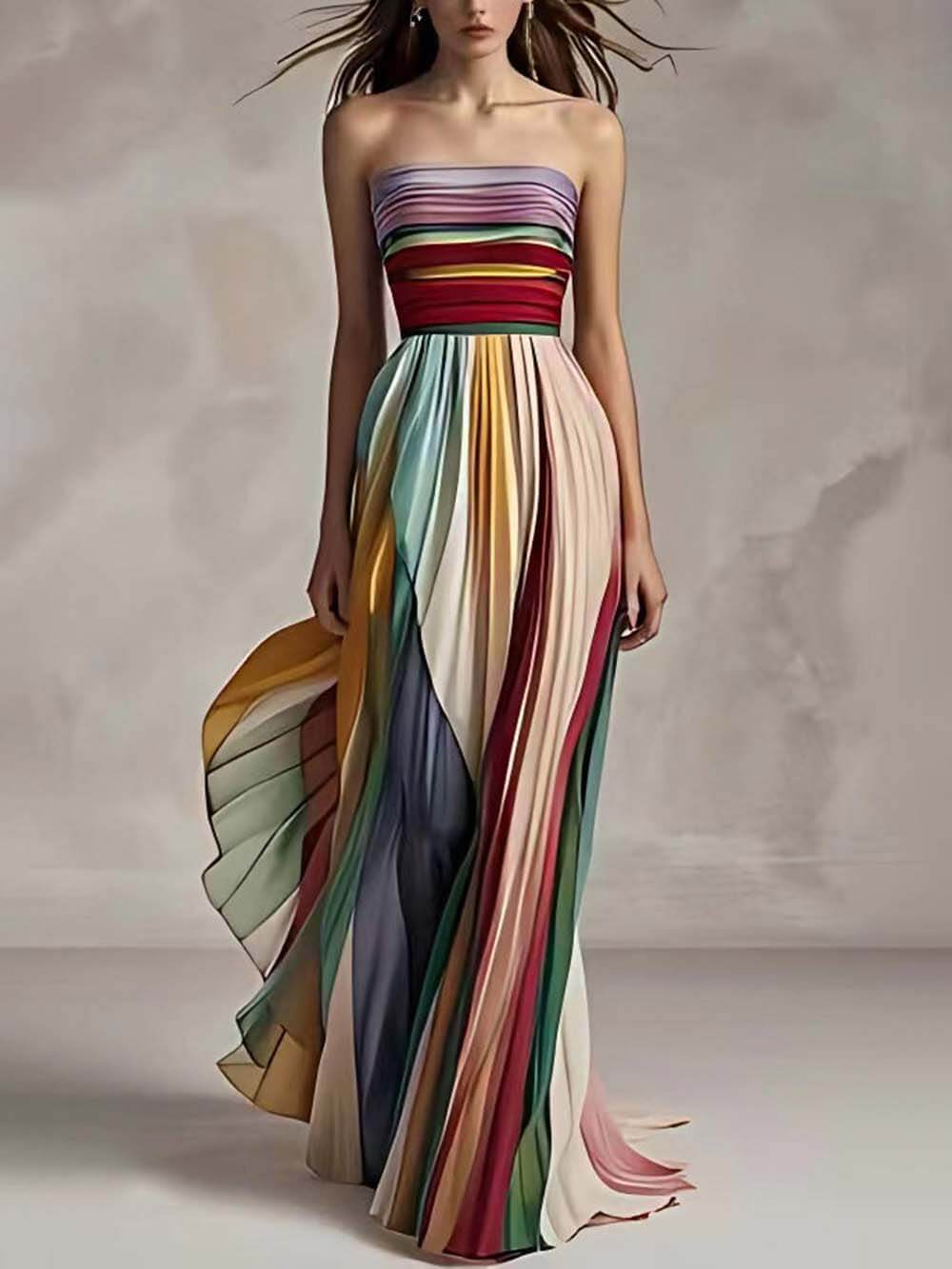 Elegant Striped Print Off-Shoulder Pleated Bandeau Maxi Dress