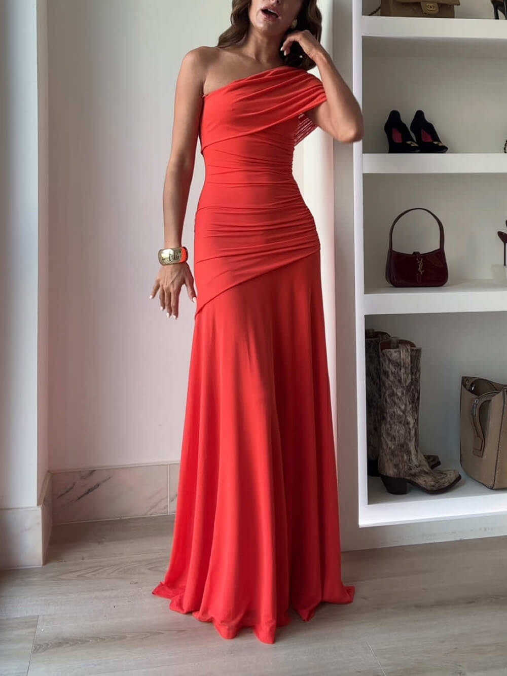 Effortless Elegance Mesh Off-Shoulder Ruched Stretch Maxi Dress