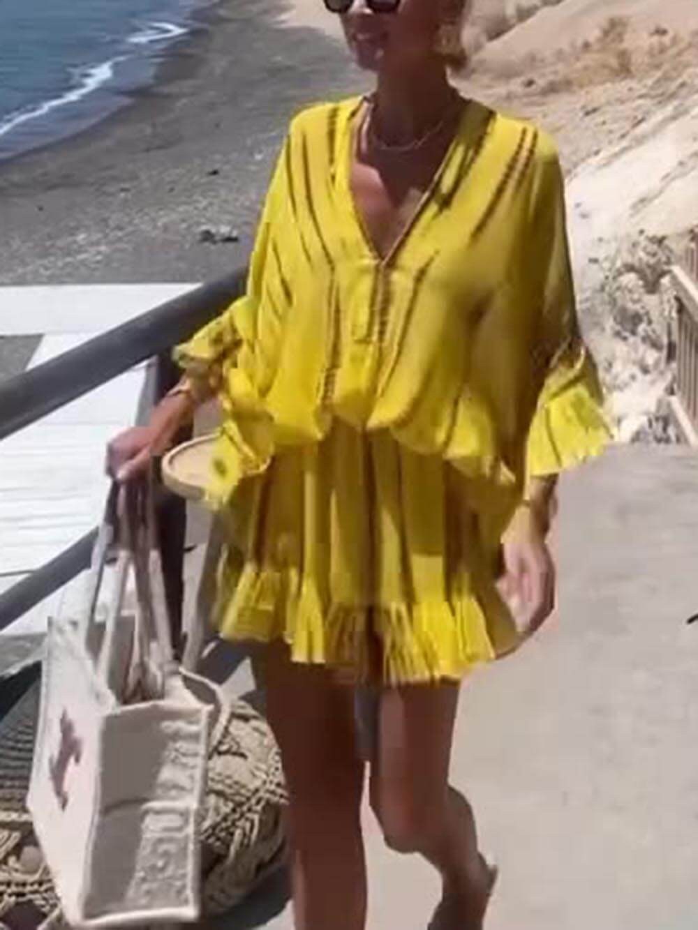 One-of-a-Kind Tie-Dye Ruffle Kaftan Mini Dress with Batwing Sleeves and Elastic Waist