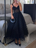 Elegant Tulle Polka Dot Sweetheart Bustier A-Line Midi Dress