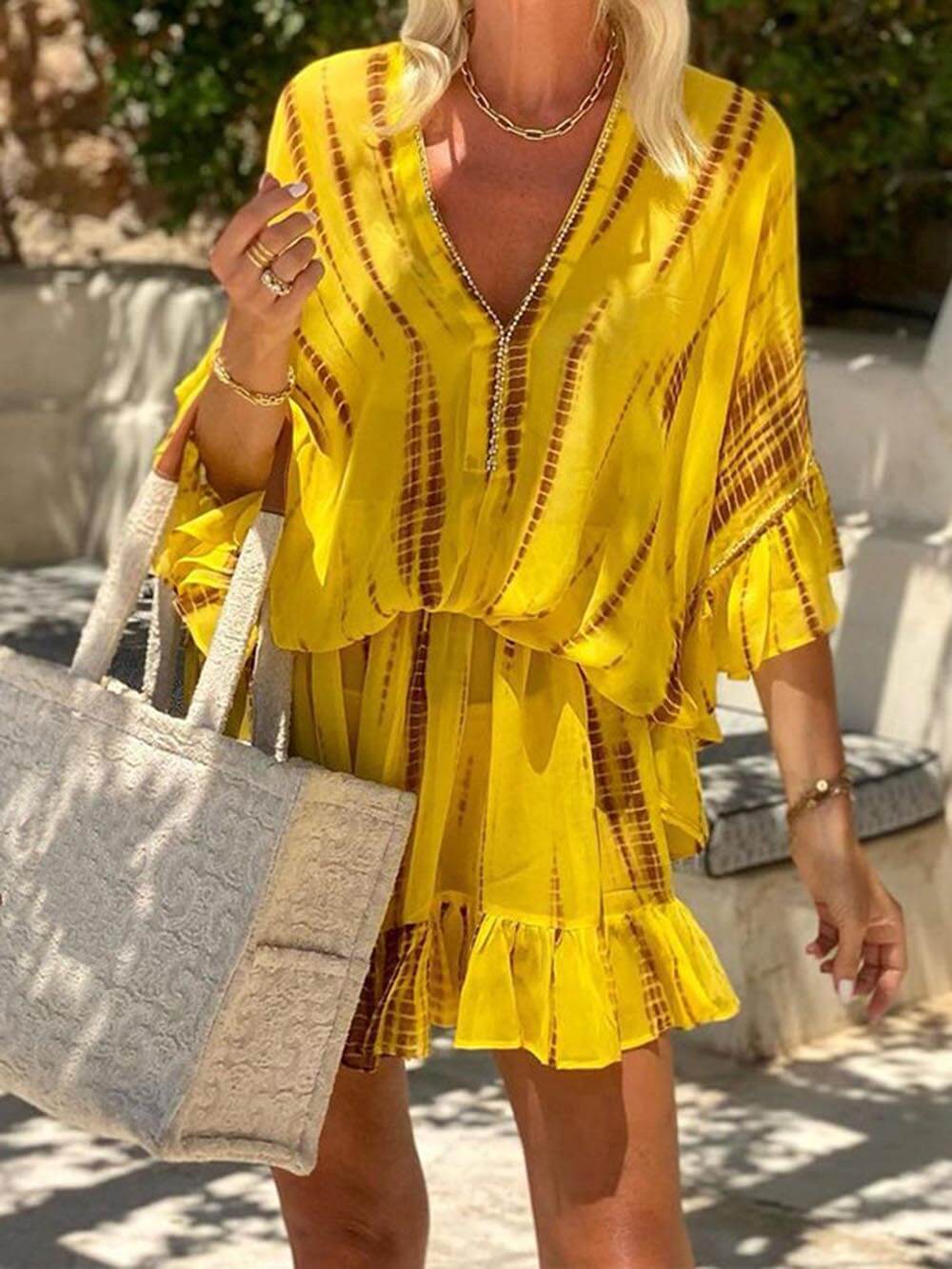 One-of-a-Kind Tie-Dye Ruffle Kaftan Mini Dress with Batwing Sleeves and Elastic Waist