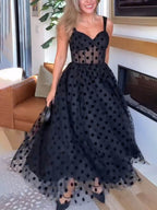 Elegant Tulle Polka Dot Sweetheart Bustier A-Line Midi Dress