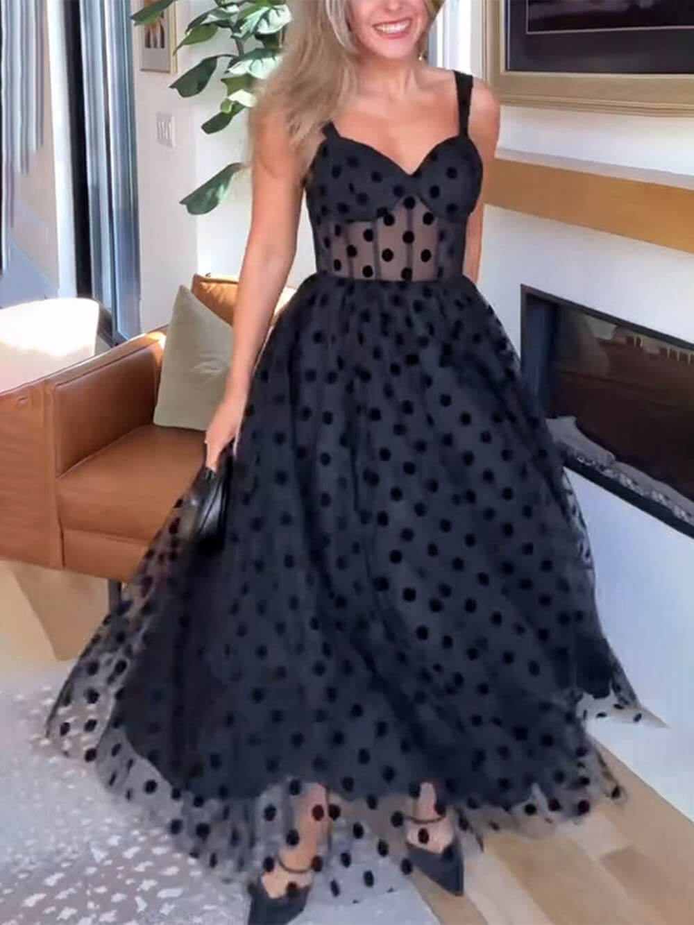 Elegant Tulle Polka Dot Sweetheart Bustier A-Line Midi Dress