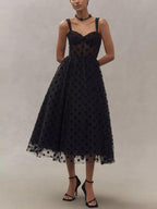 Elegant Tulle Polka Dot Sweetheart Bustier A-Line Midi Dress