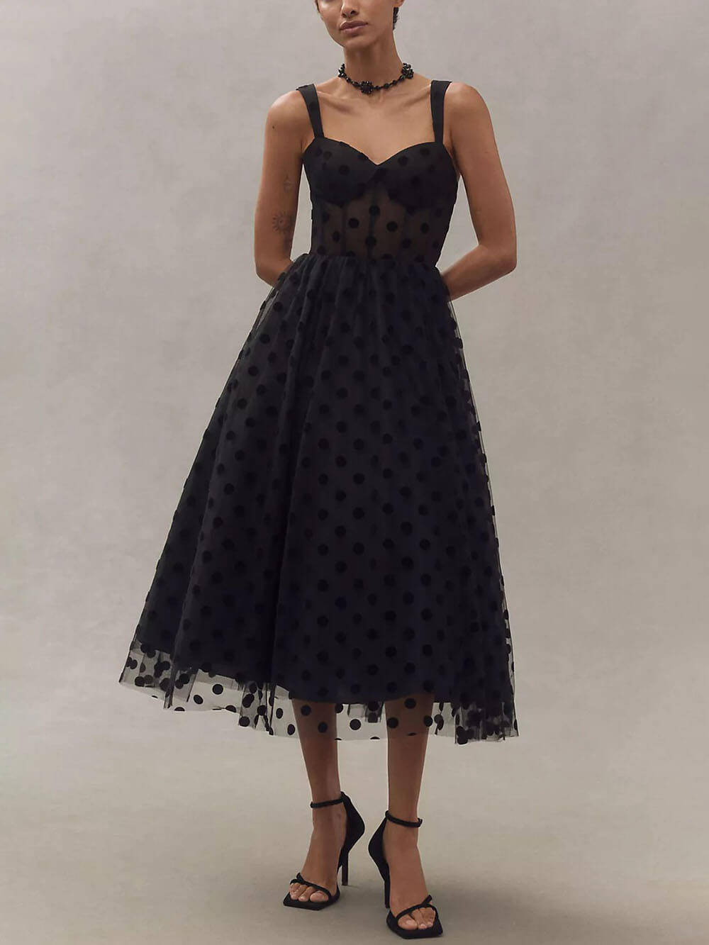 Elegant Tulle Polka Dot Sweetheart Bustier A-Line Midi Dress