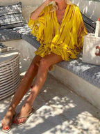 One-of-a-Kind Tie-Dye Ruffle Kaftan Mini Dress with Batwing Sleeves and Elastic Waist