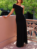 Effortless Elegance Mesh Off-Shoulder Ruched Stretch Maxi Dress