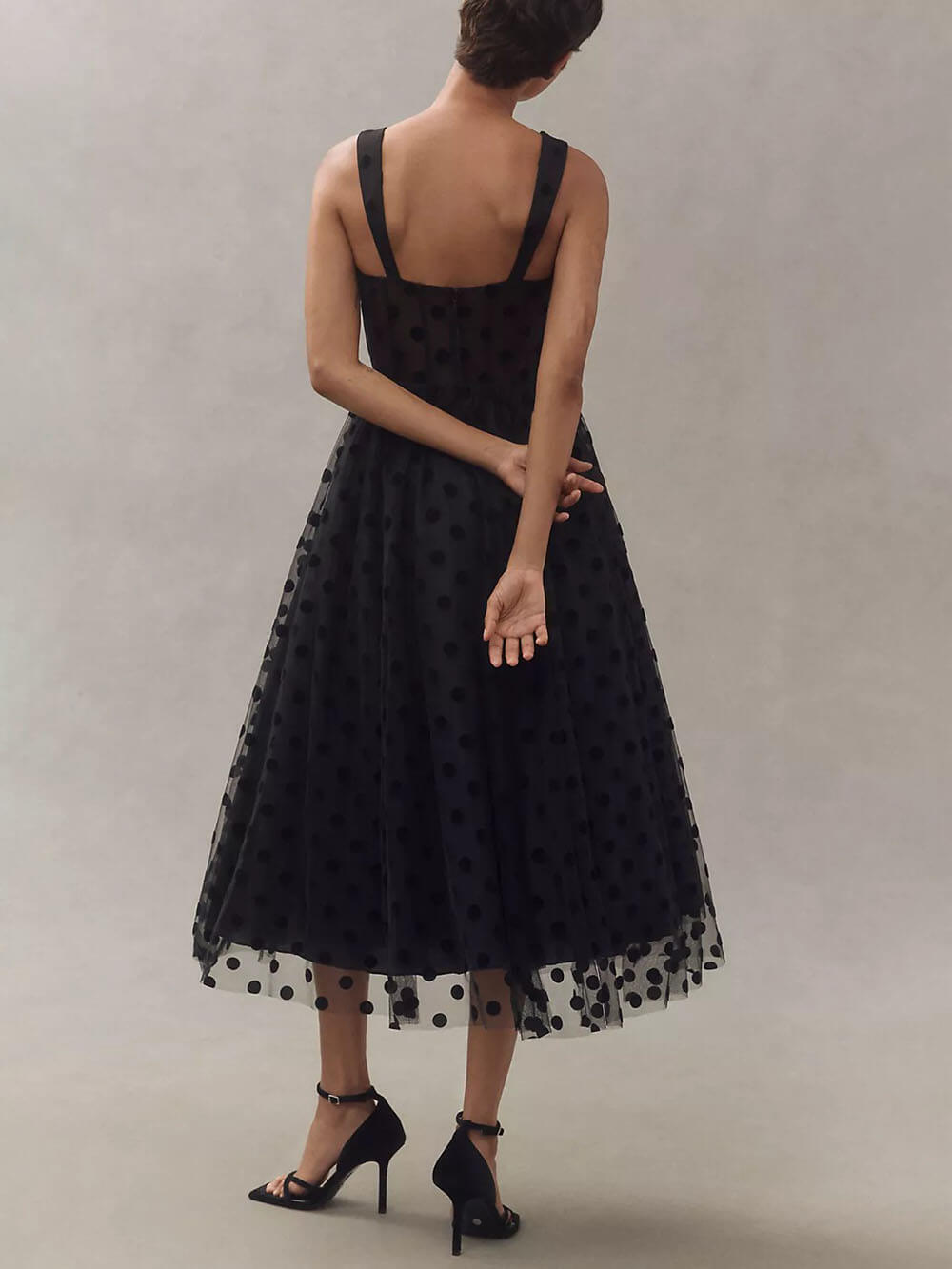Elegant Tulle Polka Dot Sweetheart Bustier A-Line Midi Dress