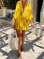 One-of-a-Kind Tie-Dye Ruffle Kaftan Mini Dress with Batwing Sleeves and Elastic Waist