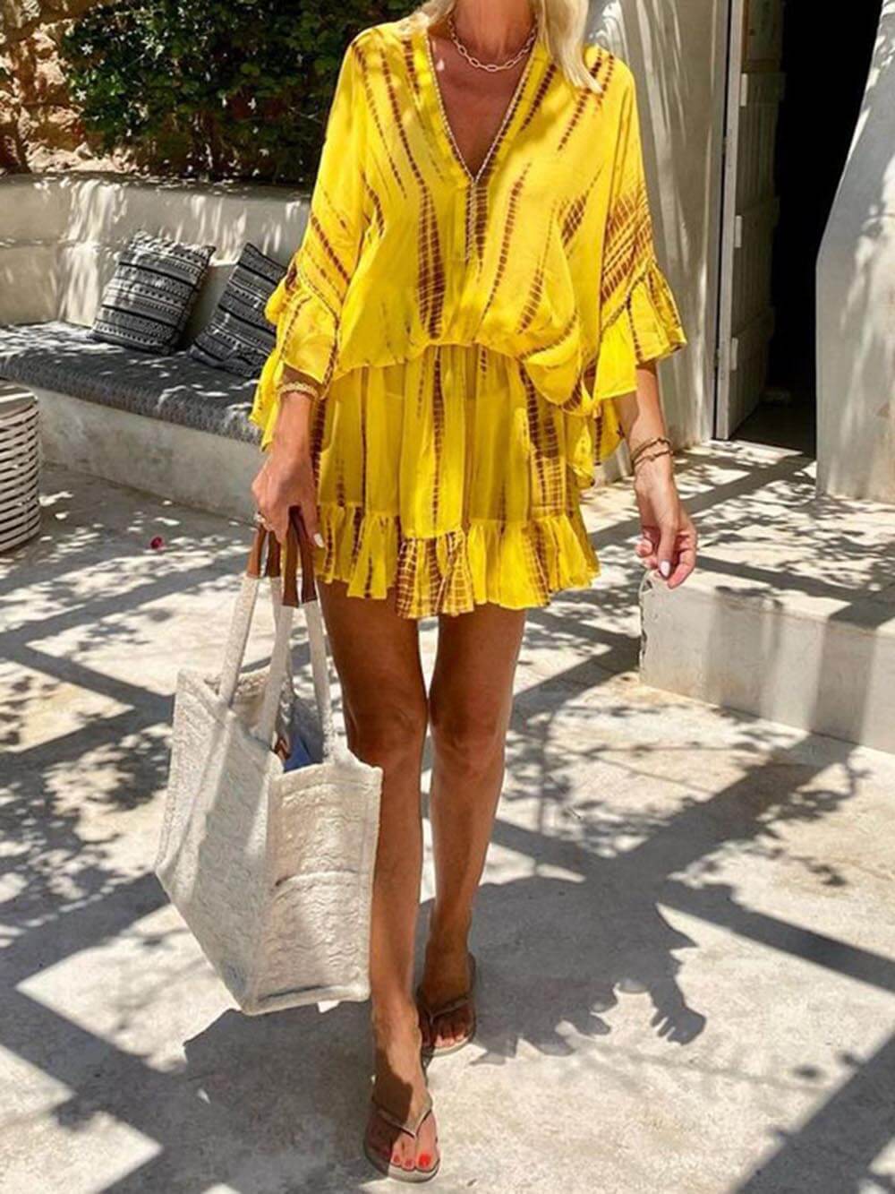 One-of-a-Kind Tie-Dye Ruffle Kaftan Mini Dress with Batwing Sleeves and Elastic Waist