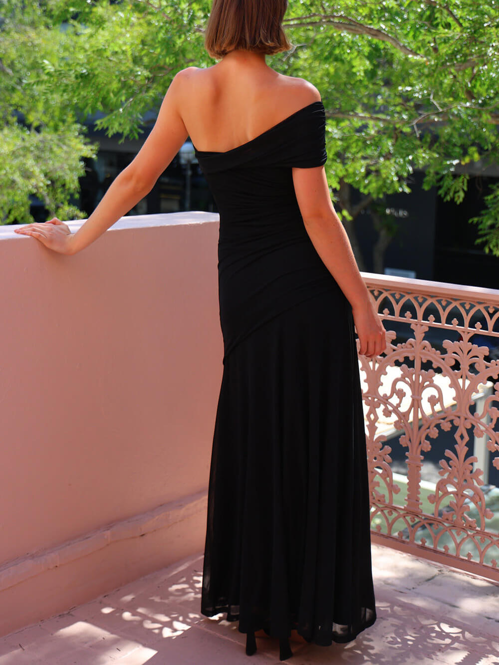 Effortless Elegance Mesh Off-Shoulder Ruched Stretch Maxi Dress
