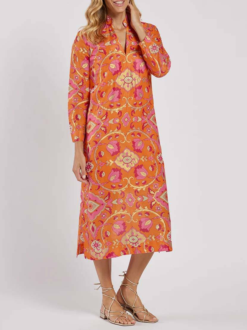 Printed Midi Dress with Stand Collar
