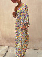 Casual Holiday Off-Shoulder Maxi Dress with Ink-Dye Print