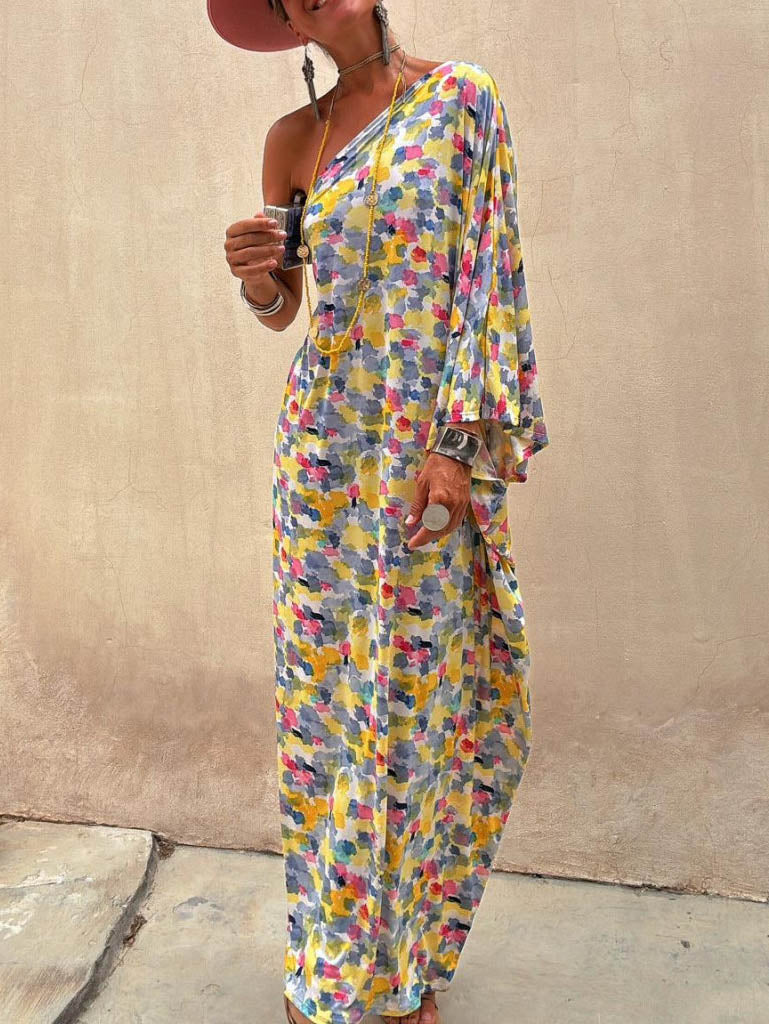 Casual Holiday Off-Shoulder Maxi Dress with Ink-Dye Print