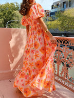 Floral Print Puff-Sleeve Maxi Dress with Back Smocked Pocket