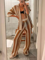 Chic Relaxed-Fit V-Neck Hollow-Out Striped Shirt and Wide-Leg Pants Set