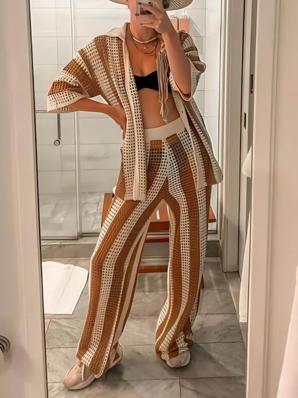 Chic Relaxed-Fit V-Neck Hollow-Out Striped Shirt and Wide-Leg Pants Set